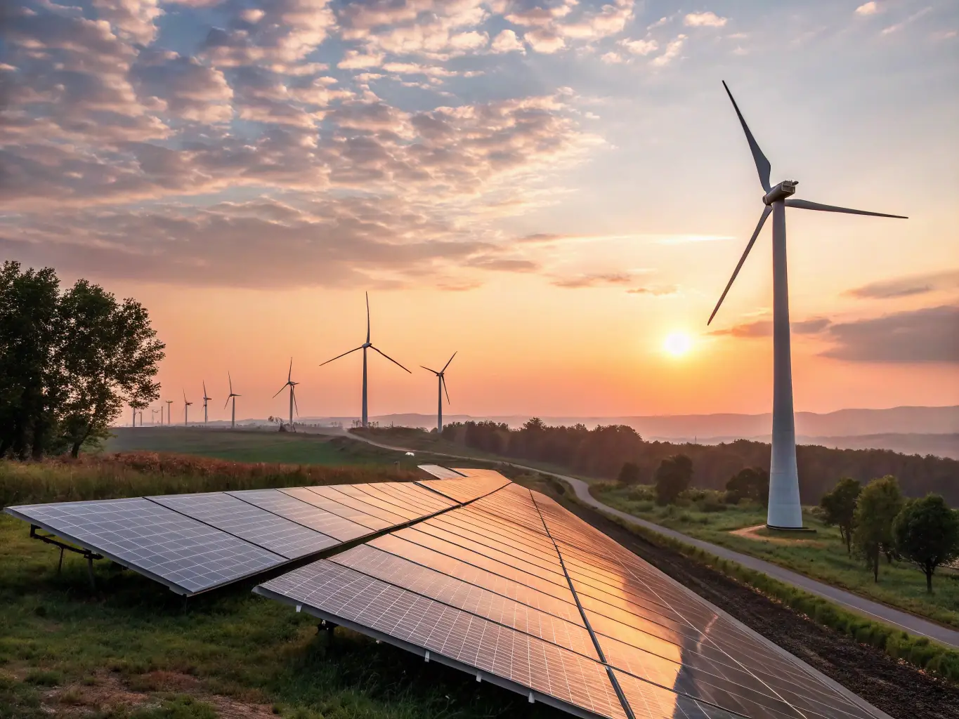 A picturesque scene of wind turbines spinning gracefully on a coastal landscape, harnessing wind energy.