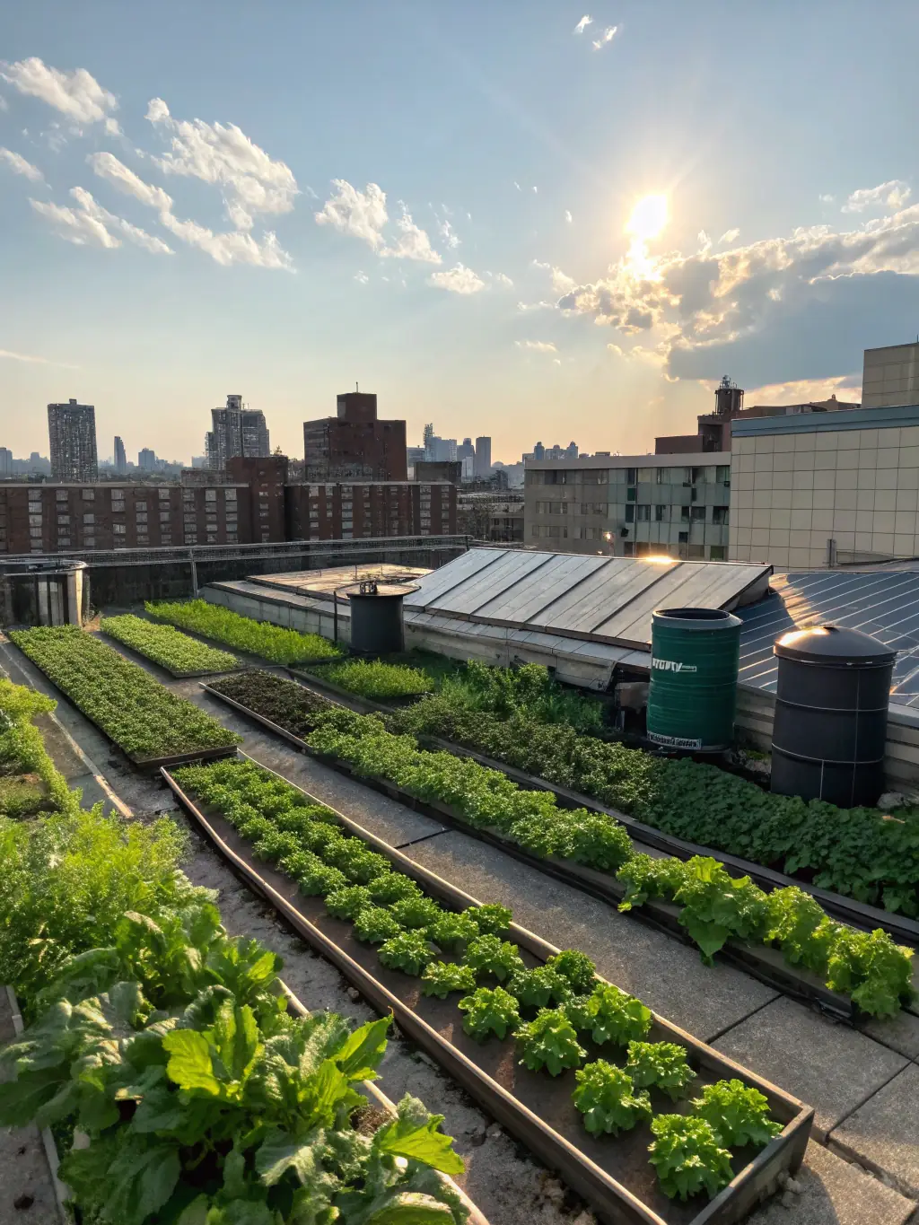 A lush green rooftop garden atop a modern office building, showcasing urban sustainability and energy efficiency.