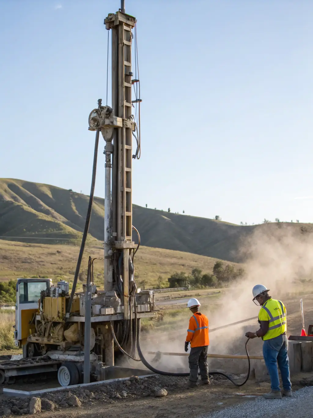 An image of a geothermal power plant with advanced drilling and energy extraction technology, set in a scenic geothermal landscape.