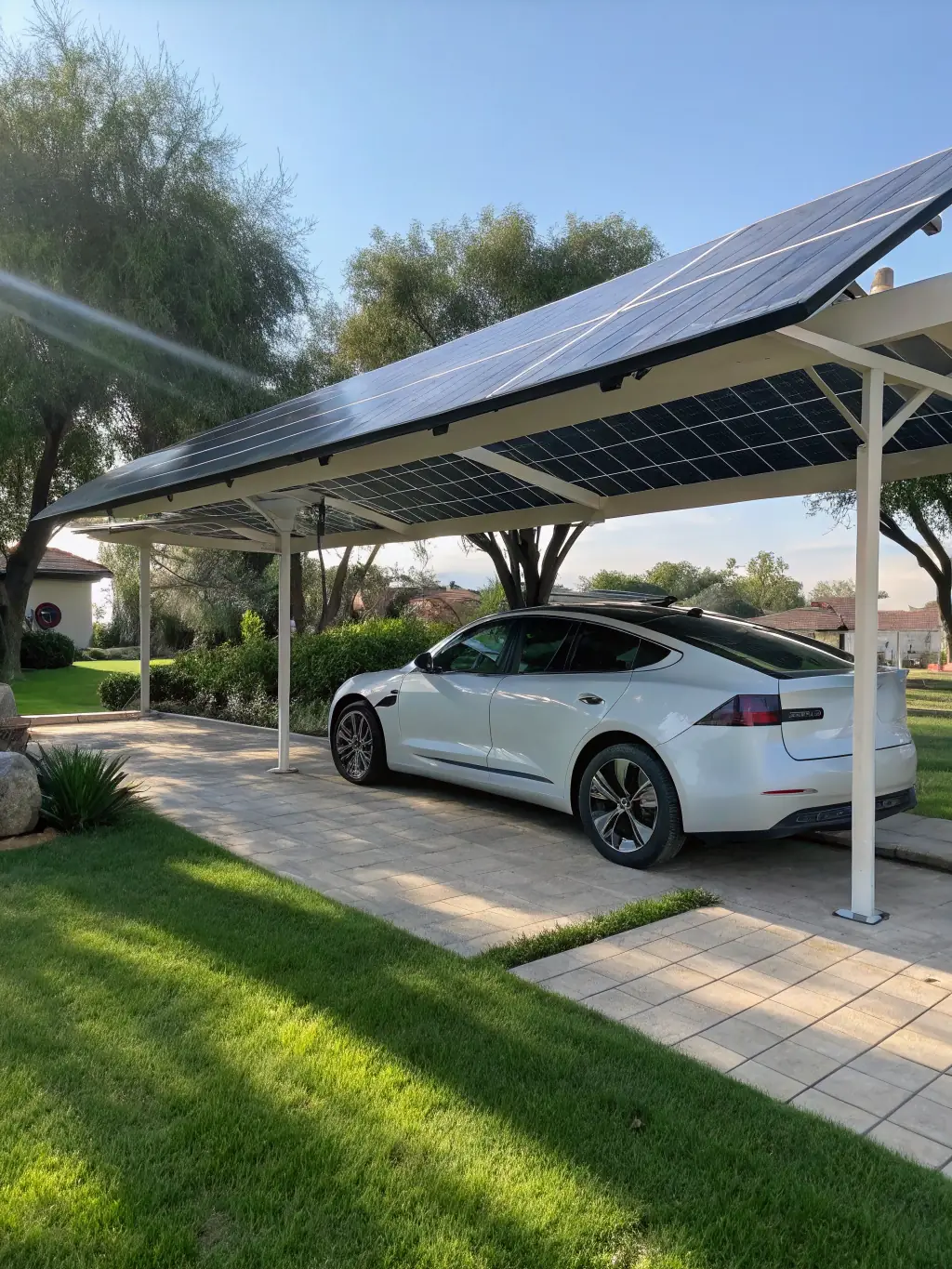 A fleet of electric vehicles charging at a solar-powered charging station, emphasizing sustainable transportation and renewable energy integration.