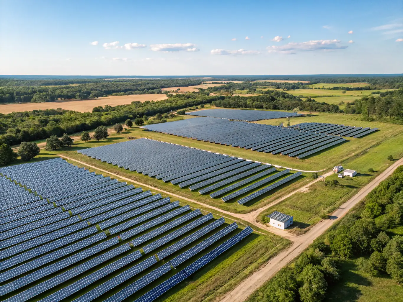 An image of a vast solar farm with rows of solar panels under a clear blue sky, symbolizing clean energy production.