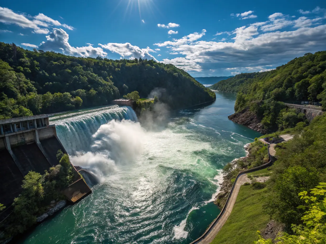 A serene image of a hydroelectric dam with water flowing through turbines, generating clean energy.
