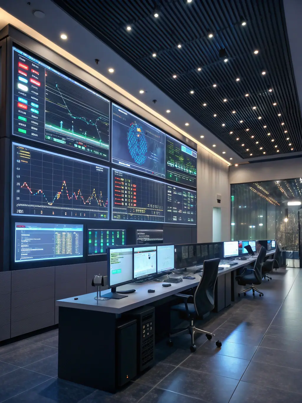 A detailed image of a smart grid control center with holographic displays showing real-time energy distribution data and predictive analytics.