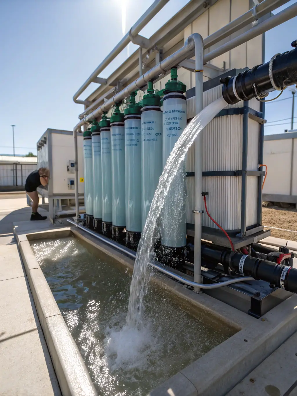 A water recycling system in operation, showing how water is collected, filtered, and reused for various purposes.