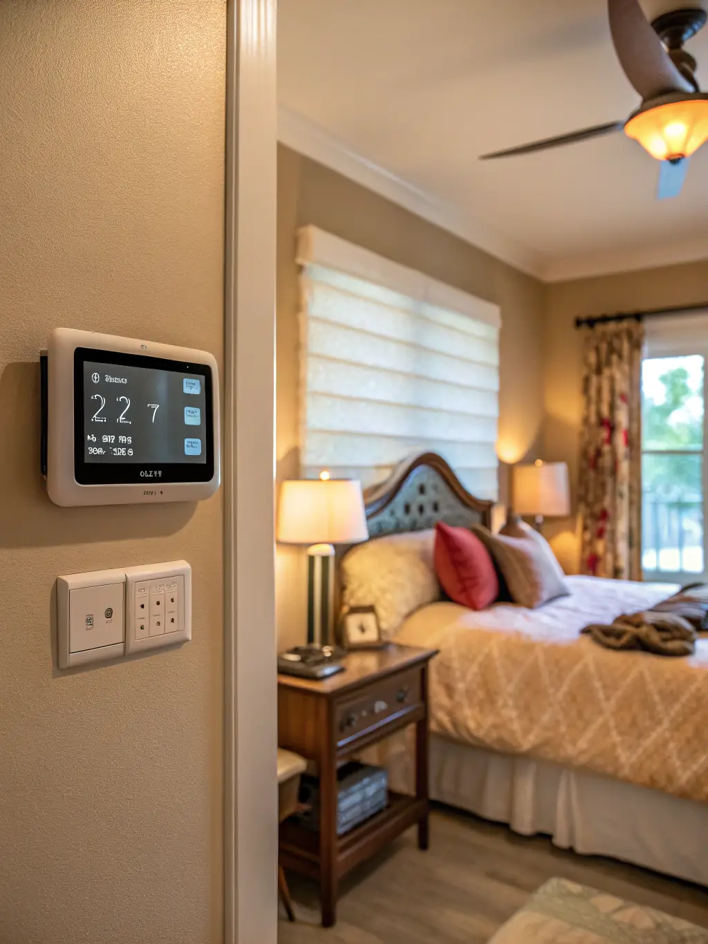 A close-up of a smart thermostat controlling energy usage in a home, highlighting energy conservation and efficiency.