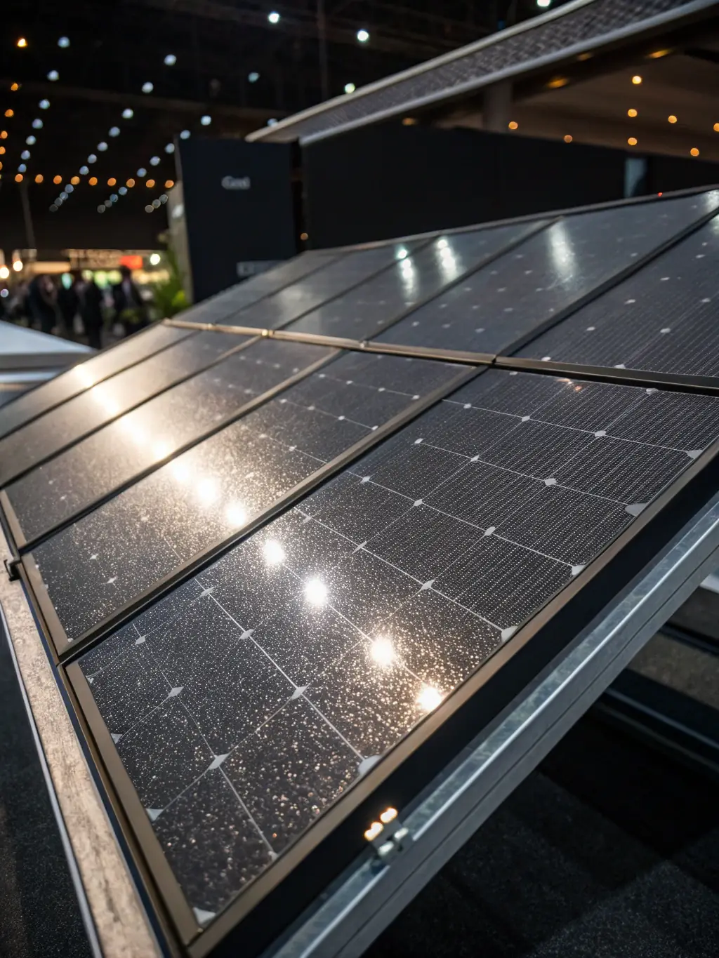 An image of advanced solar panels with built-in sensors and self-cleaning technology, installed on a commercial building rooftop.