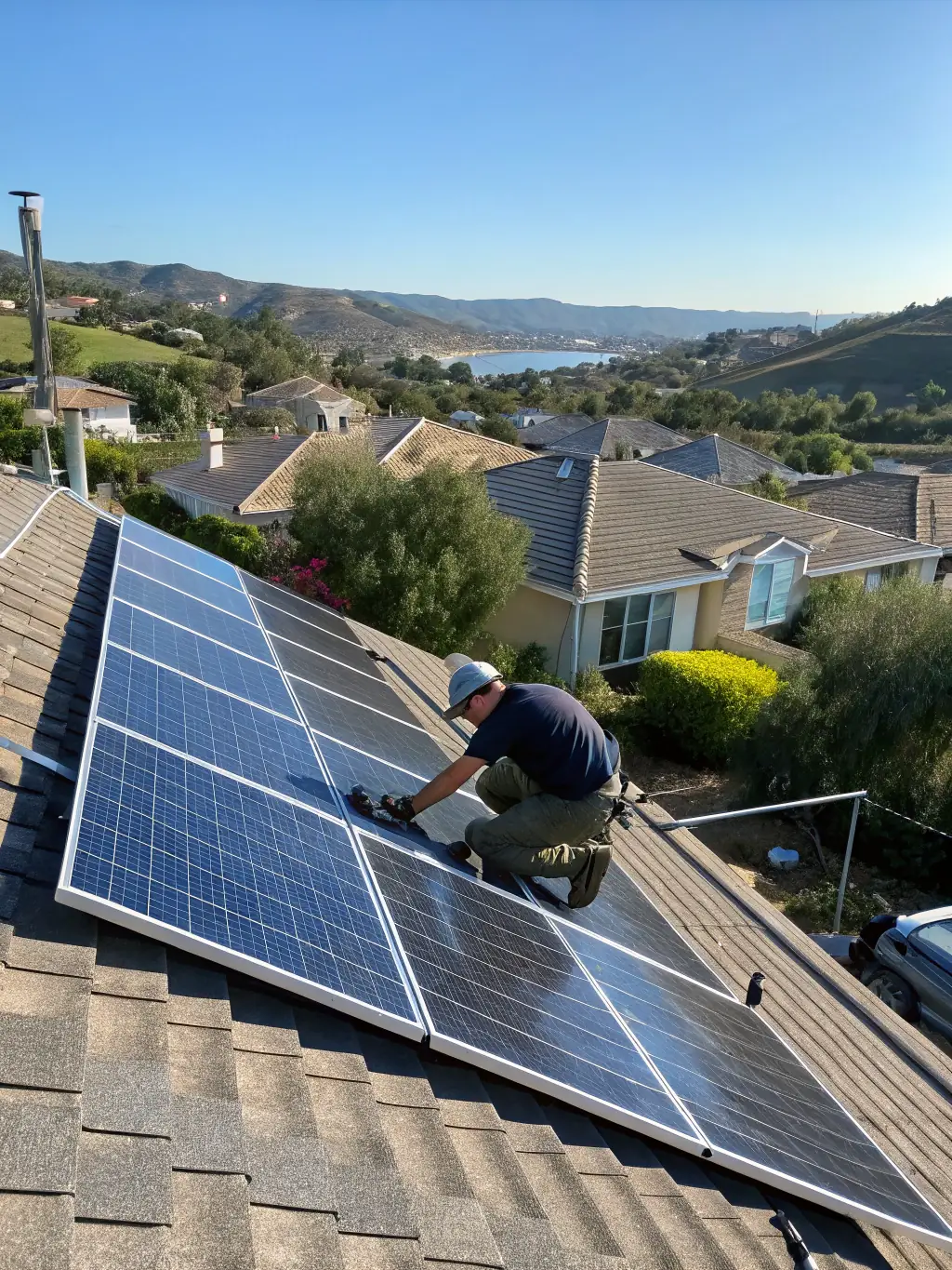 A vibrant image of solar panels installed on a residential rooftop, capturing sunlight and converting it into electricity, symbolizing clean energy for homes.