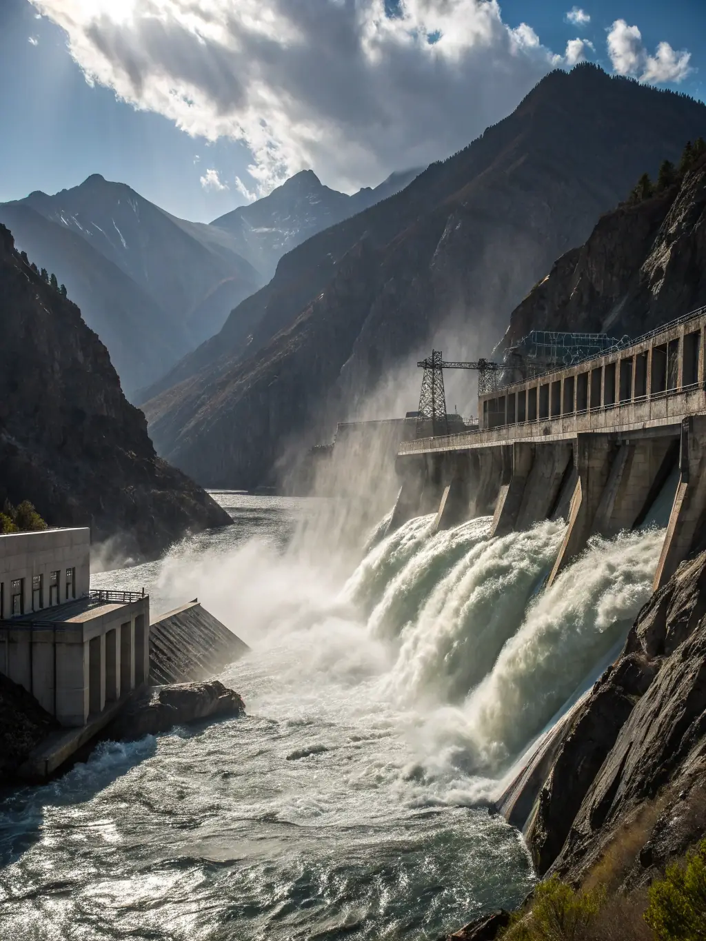A serene image of a hydroelectric dam with water flowing through turbines, illustrating the power of water in generating clean and sustainable energy.