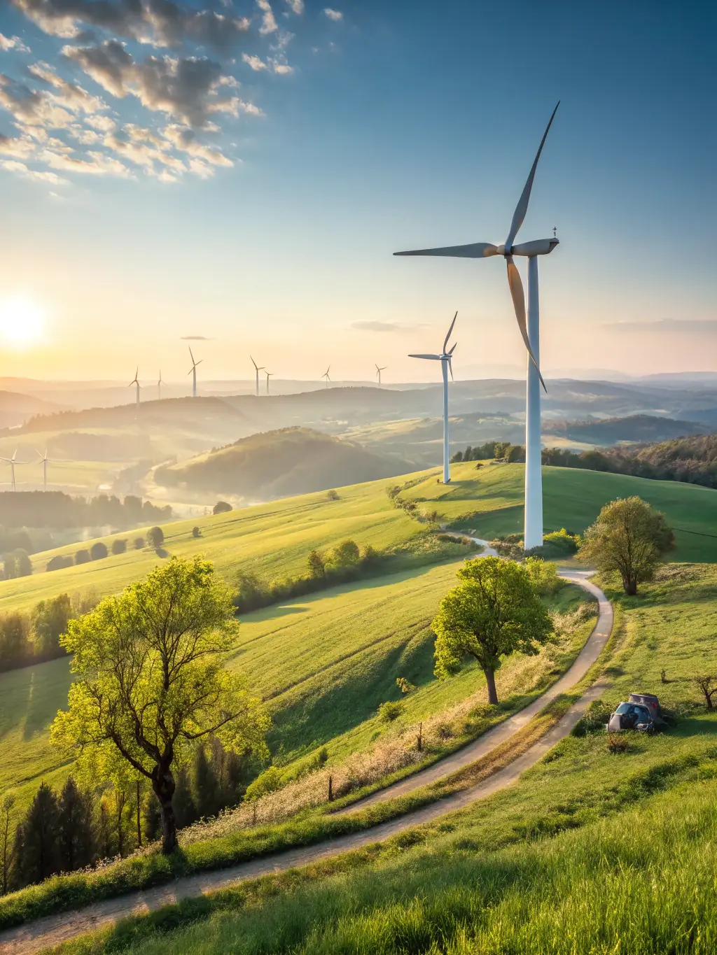 A dynamic image of wind turbines spinning gracefully in a vast open field, showcasing the power of wind energy and its contribution to a greener planet.
