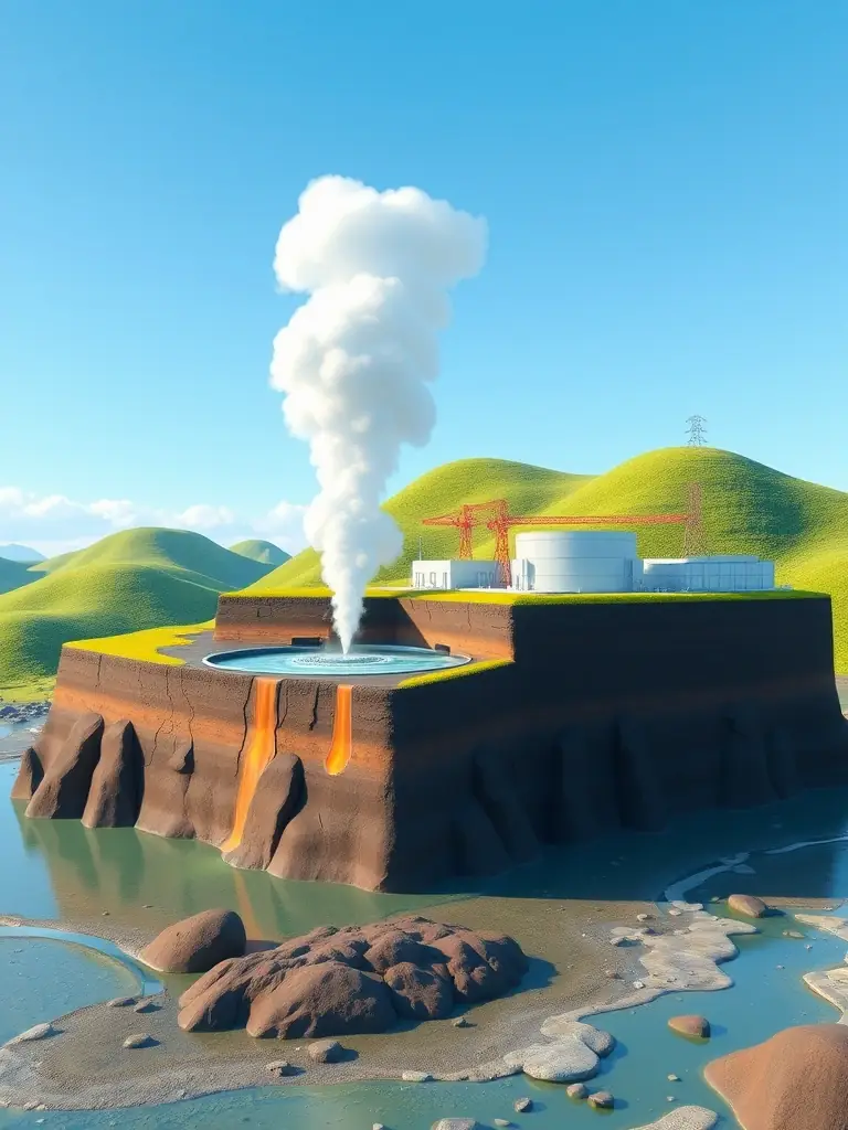 A captivating image of a geothermal power plant with steam rising from the ground, showcasing the potential of geothermal energy as a sustainable resource.